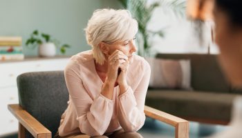 Depression,,Psychology,Or,Old,Woman,Thinking,With,Psychologist,In,Consultation