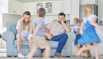 Children,,Running,And,Fast,With,Tired,Parents,In,Home,,Adhd