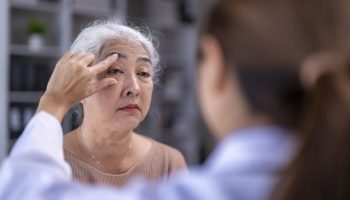 Doctor,Examining,An,Elderly,Patient's,Eye,At,A,Healthcare,Facility